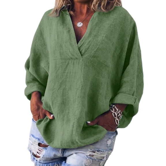 WTOBBY Women's V-Neck Pullover Long Sleeve Top, Cotton Linen Casual T-Shirt for Fashion Comfort, Relaxed Fit with Soft Stretch Fabric, Daily Wear Essential,Army Green L