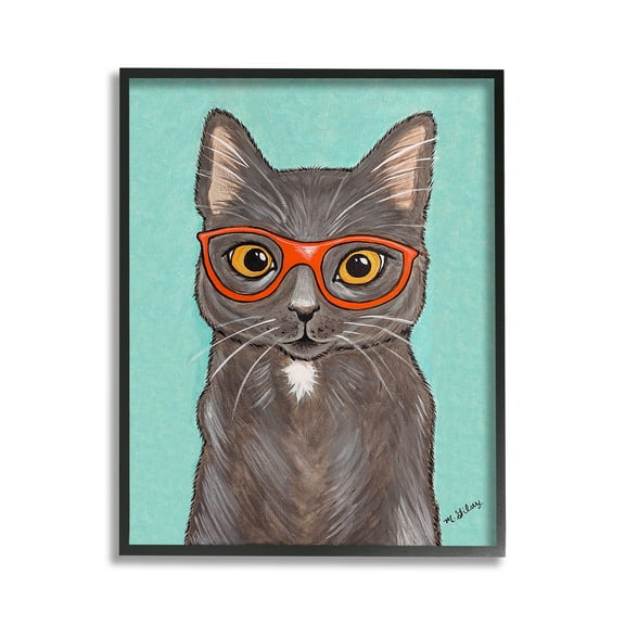 Stupell Industries Hipster Cat Red Glasses Animals & Insects Painting Black Framed Art Print Wall Art, 11 x 14