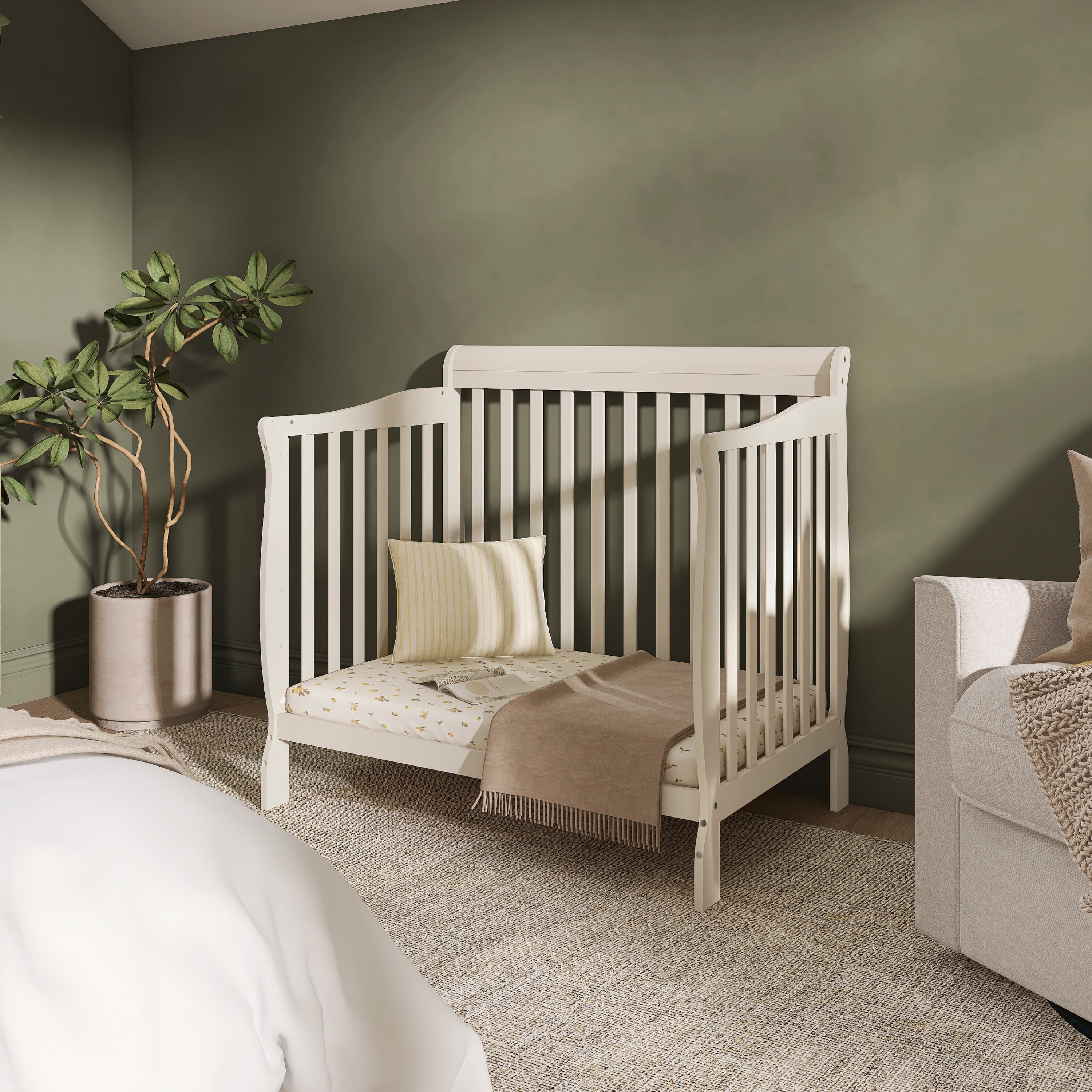 Dream On Me Aden 4-in-1 Convertible Mini Crib In French White, Greenguard Gold Certified