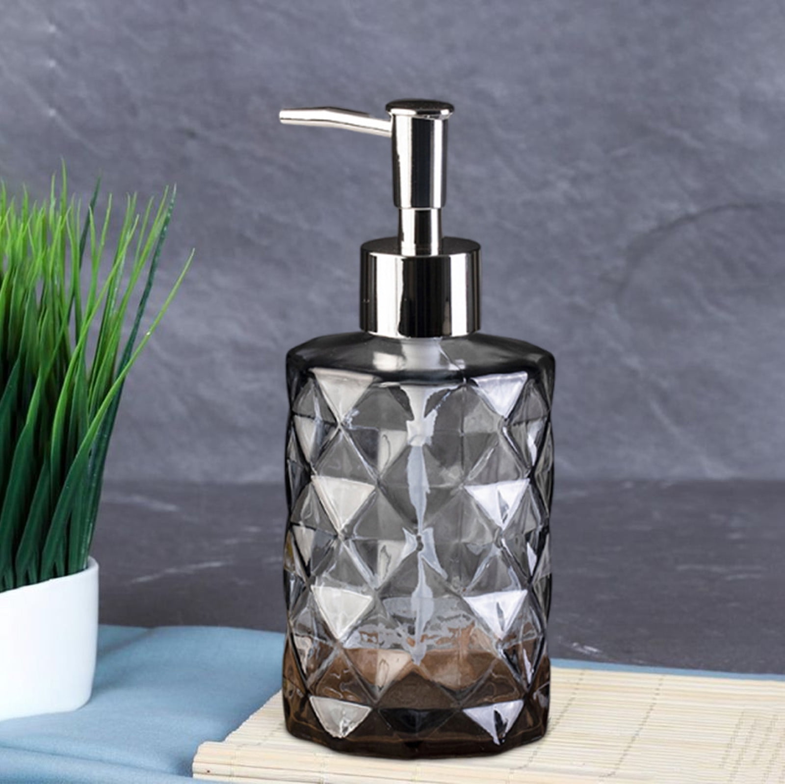 YiJuHui 2pcs Refillable Glass Soap Dispenser Pump Bottle with Diamond Pattern Design for Kitchen and Bathroom Decor