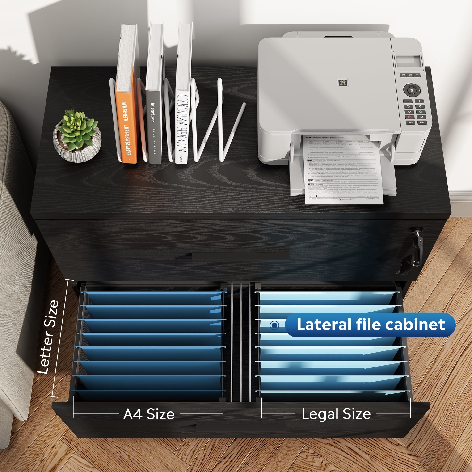 GALAXHERO 2 Drawer File Cabinets Wood Lateral Filing Cabinets with Lock for Home Office, Black
