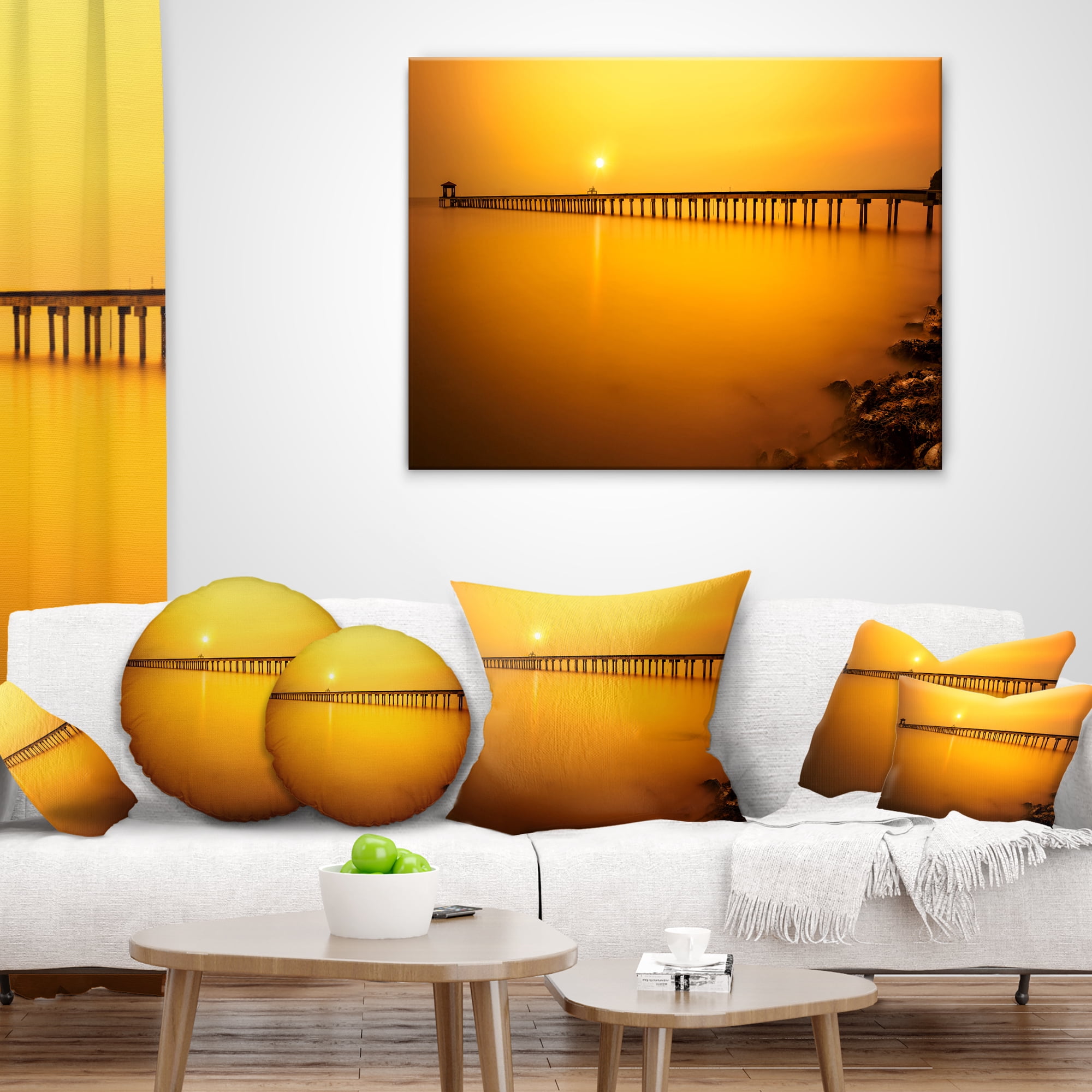 Designart Yellow Tinged Seashore and Long Pier - Pier Seascape Throw Pillow - 12x20
