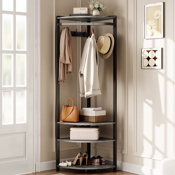 Kicctian Semi-Circular Corner Hall Tree Coat Rack with 6 Double Hooks, Storage Organizer Shelf, Entryway Furniture for Hallway or Closet,Grey