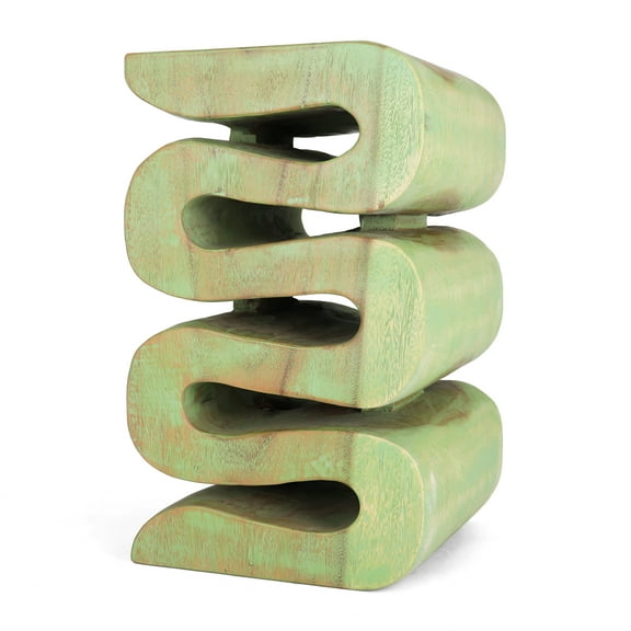 Rutledge & King Suar Wood Hand Carved End Table - Green Wash Aspen