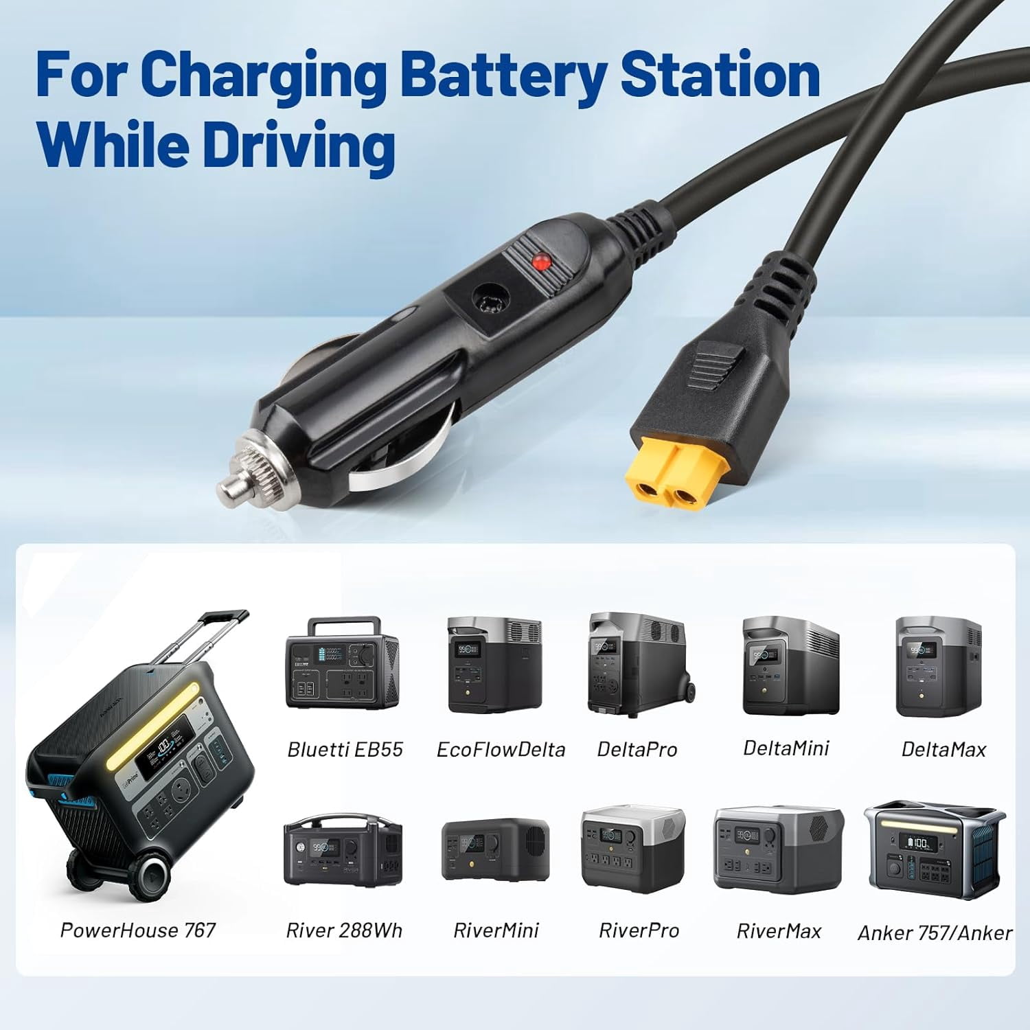 12V XT60 Car Charging Cable Cigarette Lighter for Bluetti EB55 Charger Adapter Compatible with Anker 757/767 Ecoflow Delta/River Series Portable Power Station