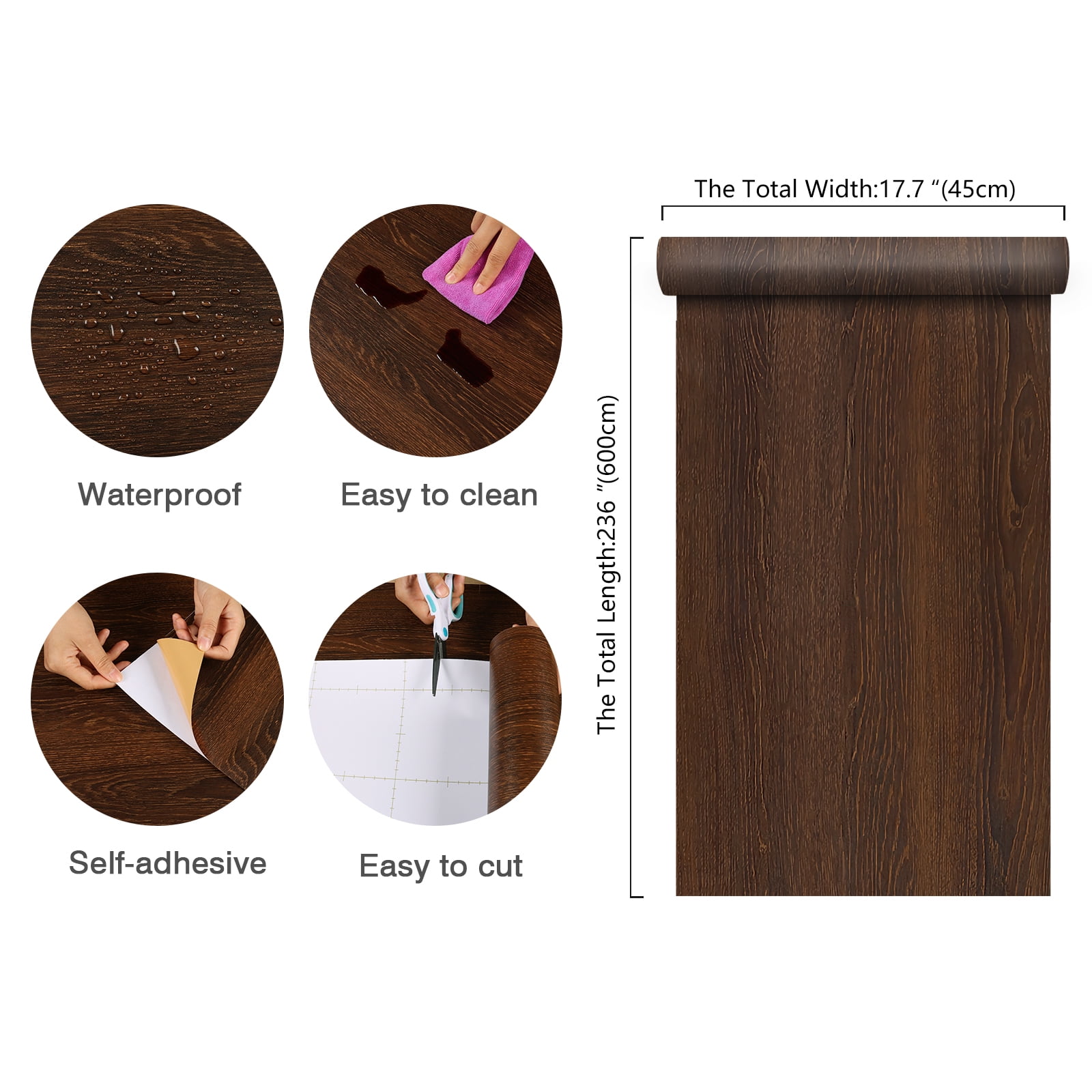 CHIHUT 17.7"x236" Dark Brown Wood Wallpaper Peel and Stick Countertop Contact Paper Waterproof Wood Grain Wallpaper for Kitchen Removable Self Adhesive Wood Vinyl Roll for Cabinets Shelf Liners
