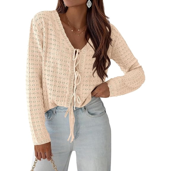 PRETTYGARDEN Crochet Cardigan Sweaters for Women Trendy Spring Summer Long Sleeve Tie Front Tops Boho Beach Vacation Clothes