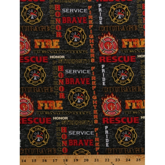 Cotton Firefighters Firemen Fireman Fire Department Emblem Motto Sayings Rescue Heroes Gray Red Cotton Fabric Print by the Yard (1181-FF)