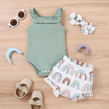 

Newborn Baby Girl Clothes Daisy Print Fly Sleeve Romper Ruffle Bloomer Shorts Headband Set Infant Summer Outfits Green 6-12Months