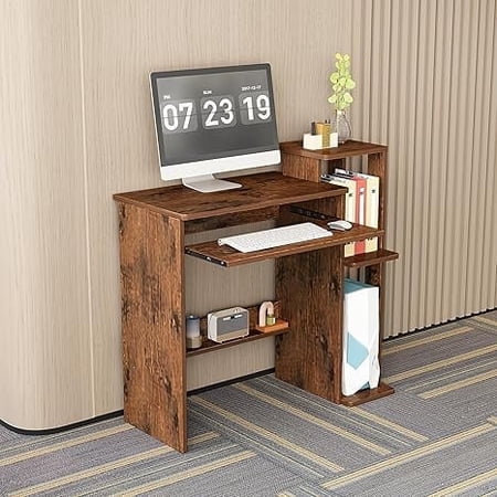 NEWSENDY Modern Home Office Computer Desk with 4-Tier Storage Shelves Study Desk Writing Table with Bookshelf Compact Computer Workstation for Home & Office Space-Saving Design
