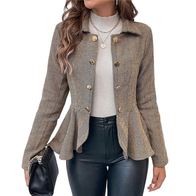 Elegante Blazer para Mujer, para Oficina, Trabajo, Negocios, con Dobladillo Peplum, Chaqueta Abierta con Diseño de Camello S