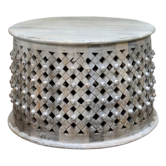Carolina Artisan 30" Lattice Weave Mango Wood Coffee Table in Whitewash