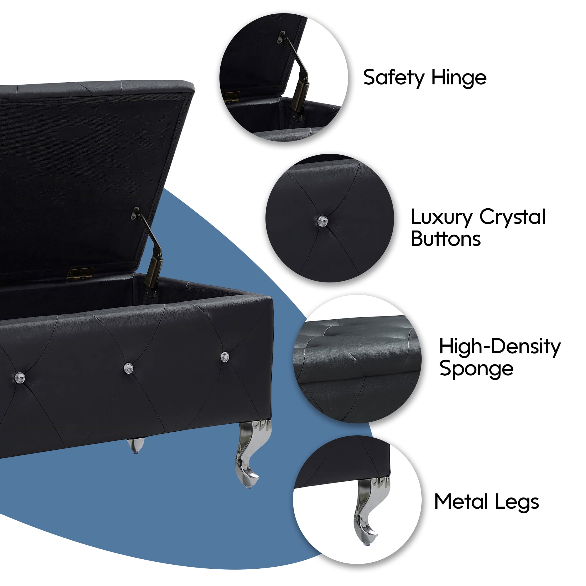 Aukfa Storage Ottoman Bench with Crystal Buttons for Bedroom,Black