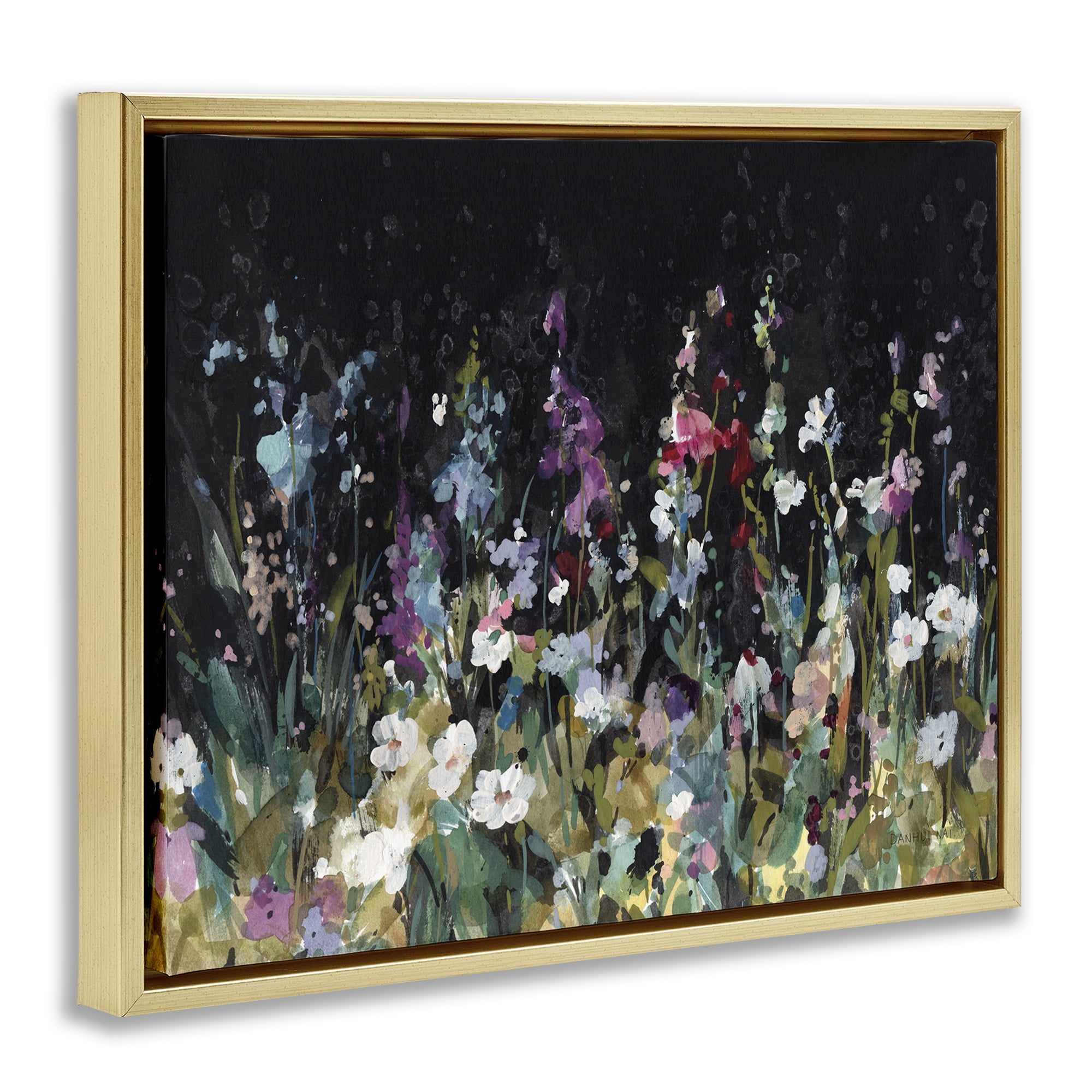 Stupell Industries Dark Garden Meadow Plants & Flowers Painting Gold Floater Framed Canvas Art Print Wall Art, 31 x 25