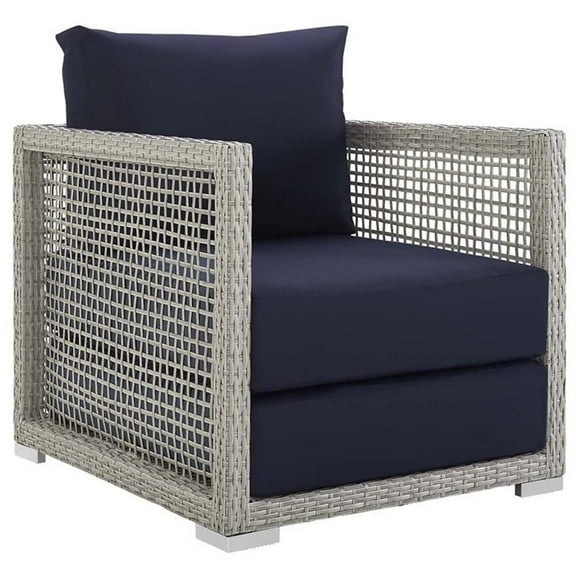 Pemberly Row 15.5" Rattan & Fabric Outdoor Patio Armchair in Gray/Navy