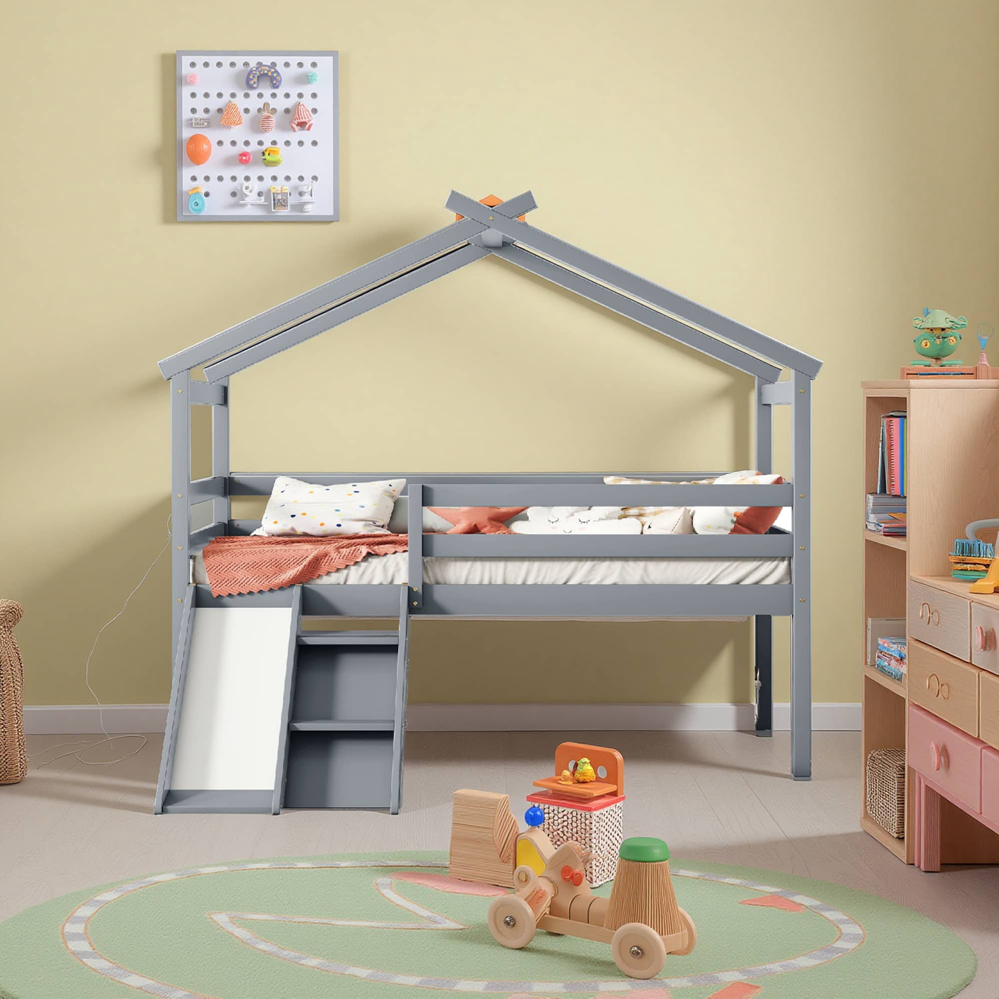 MAYEERTY Twin Loft Bed with Slide, Ladder, Safety Guardrails, House Roof Frame, Grey
