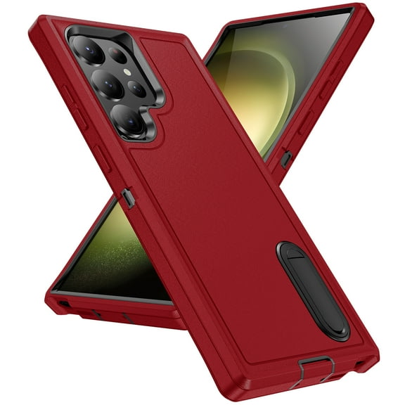 Rugged Stand Case for Samsung Galaxy S23 Ultra, Military Grade Drop Resistant Triple-Layer Cover with Hidden Bracket, Screen Camera Protection Shockproof Hybrid Case for Galaxy S23 Ultra, Red Black
