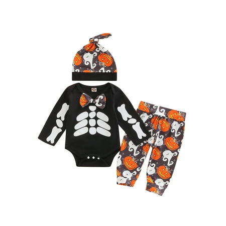 

jaweiwi 3Pcs Baby Boy Halloween Outfit Set Long Sleeve Snaps Romper + Pumpkin Ghost Print Long Pants + Hat Set for Infants Size 0 6 9 12 18 Months
