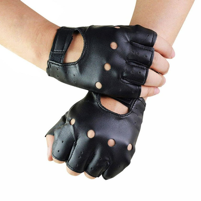 1 Pair Unisex Black PU Leather Fingerless Gloves Solid Female Half