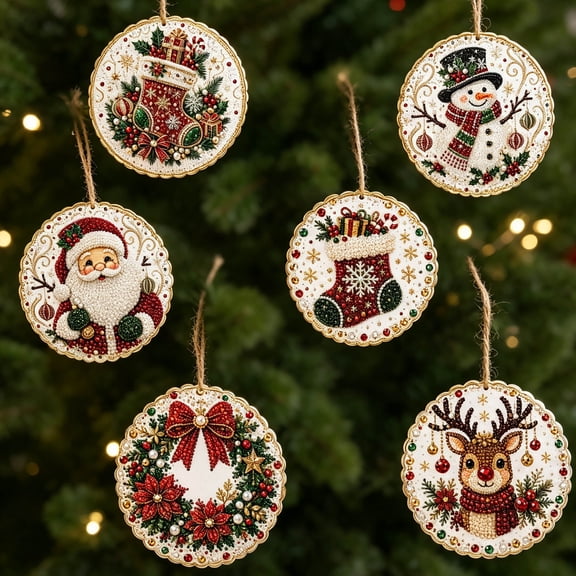 6 Pcs Pearl Art Kits for Adults, Christmas Diamond Art Ornaments, 3D Pearl Bead Craft Set, Ready-to-Hang Holiday Decor