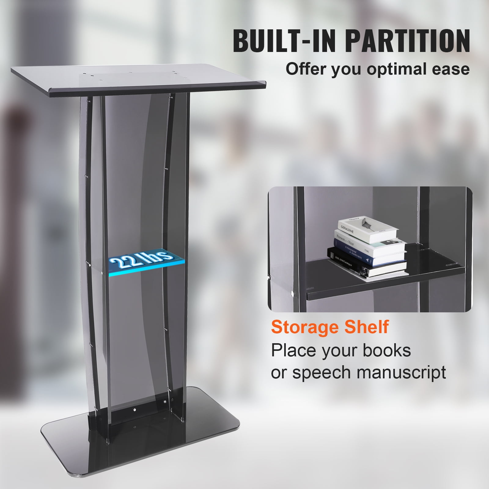 KFFKFF Acrylic Lectern 47 Inch Acrylic Lectern Stand Reading Surface Storage Rack Black