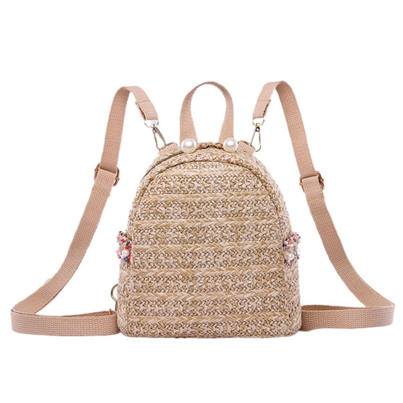 KAKOWELY 1 mochila pequeña de paja tejida con cremallera y perlas para mujer, ideal para viajes al aire libre.