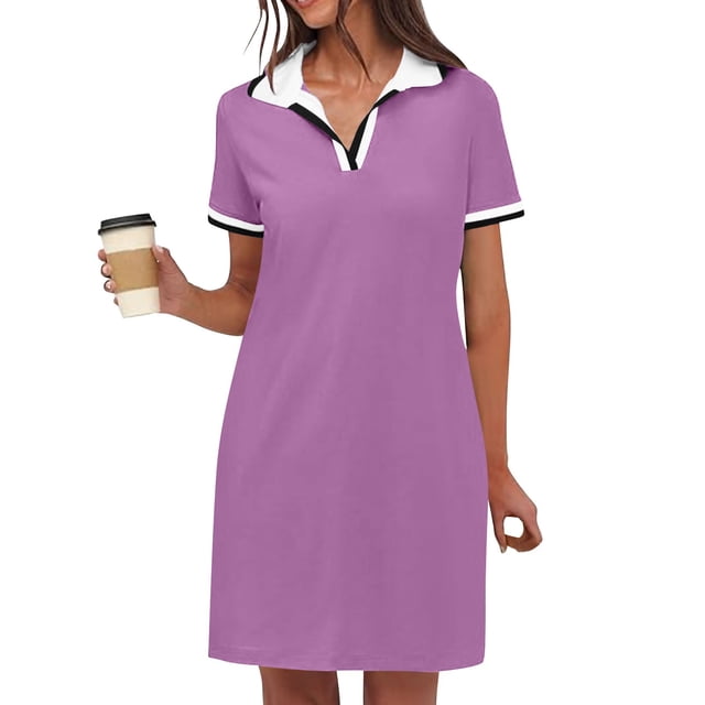 Robes Unies pour Femmes Manches Courtes Col en V Décontracté Été Tennis Golf Mini Robe Chemise avec Poches