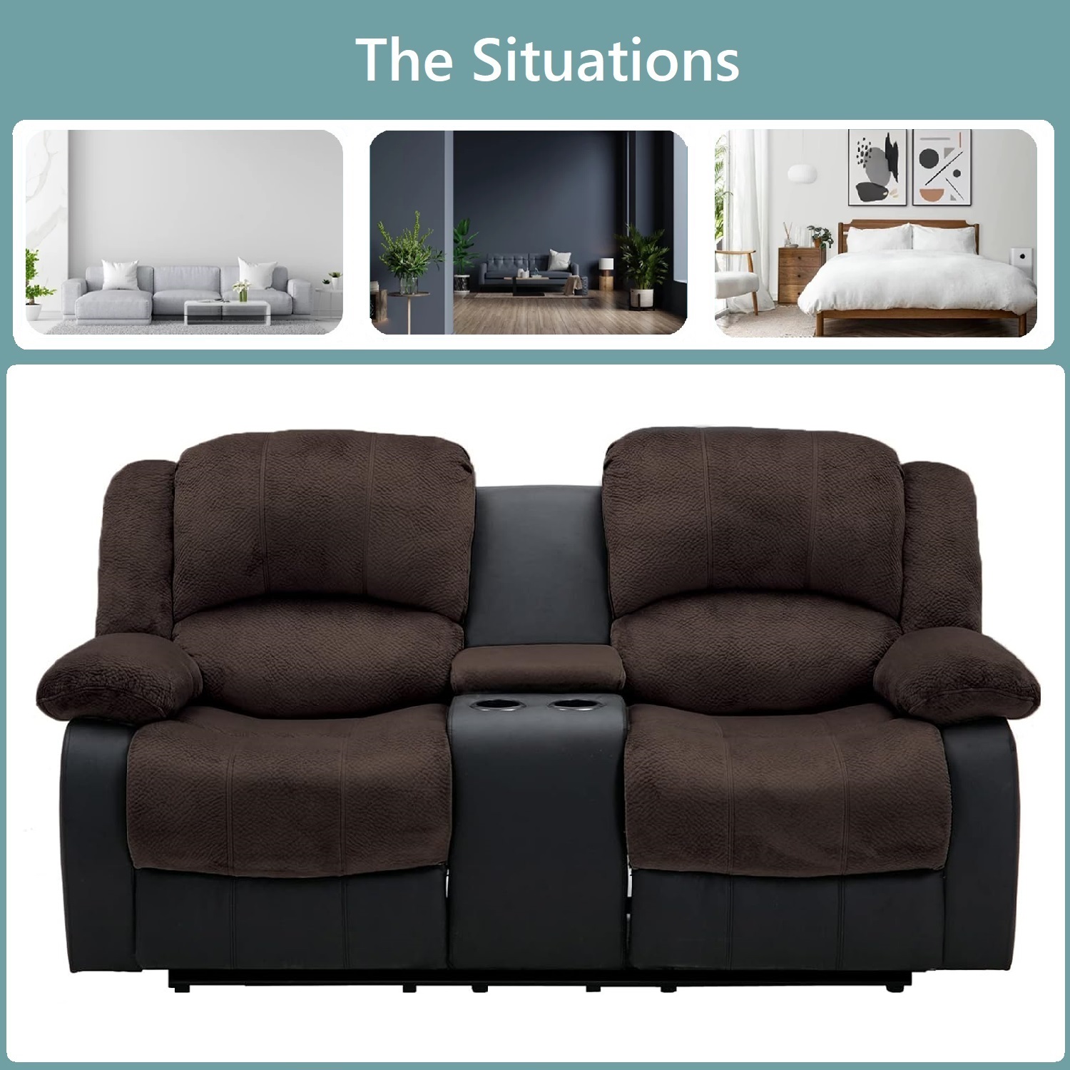 Nathaniel Home Manual Reclining Sofa, PU Leather Upholstered Double Recliner Loveseat, 2-Seater Home Theater Seating with Console, Arm Sofa Recline Chair for Living Room, Brown