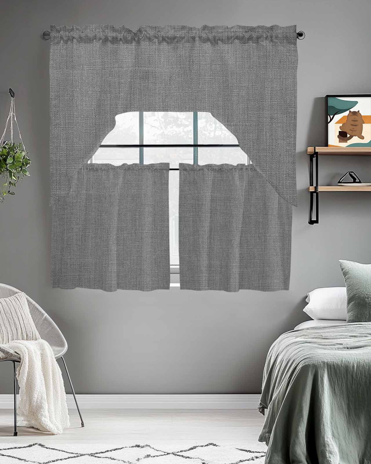 Vintage Dark Gray Kitchen Curtains Swag Valance and Tier Curtains Set 24 Inch Length, Farmhouse Retro Solid Color Linen Texture Rod Pocket Drape Panels Pair Swag Curtains for Bathroom/Cafe/Window
