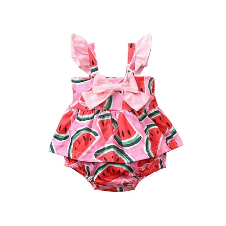 

TheFound Newborn Baby Girls Ruffle Romper Dress Watermelon Lemon Jumpsuit Bow One Piece Bodysuit Summer Outfits