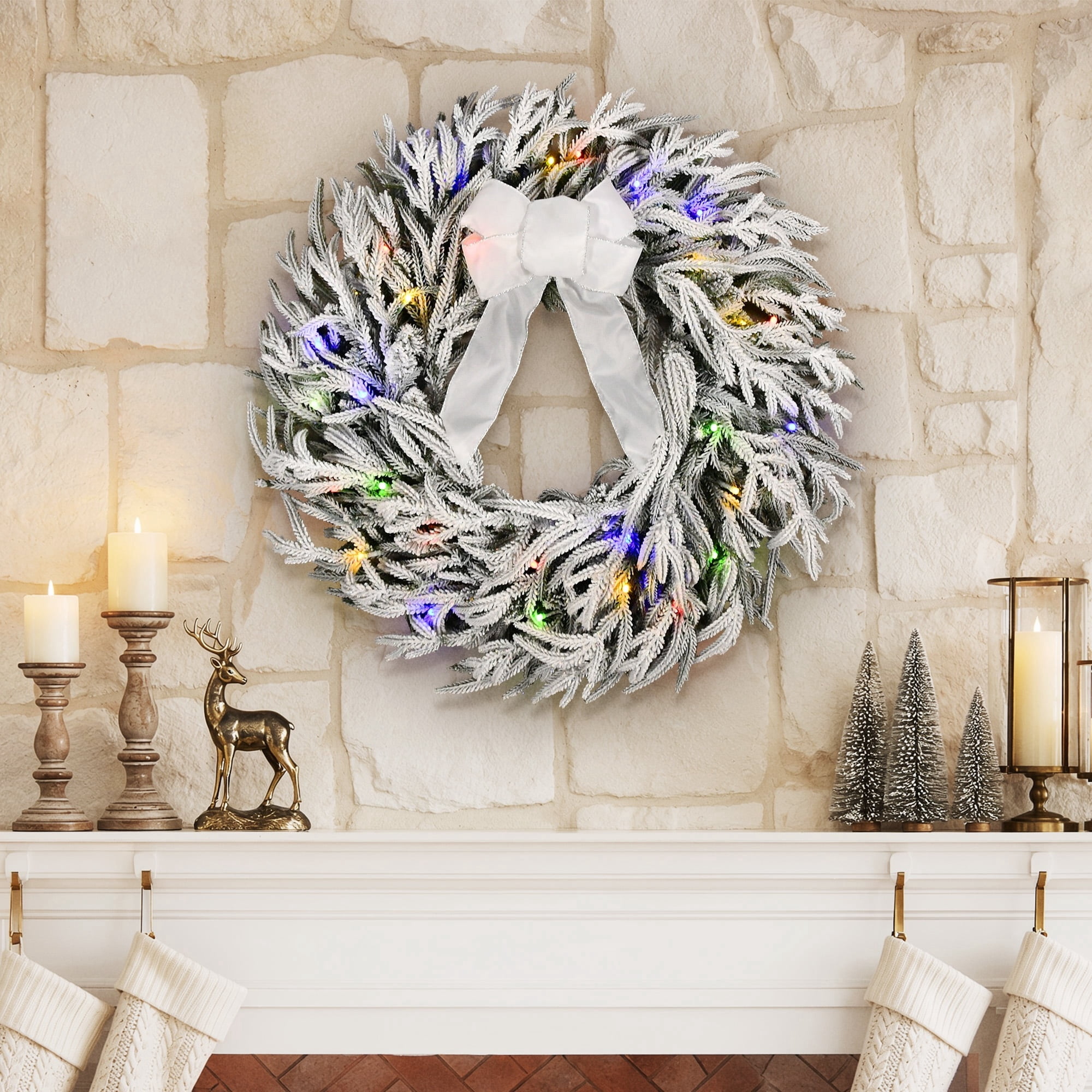 Pre-Lit Battery-Operated Snow-Flocked Hamilton Artificial Christmas Wreath, Green and White, 24", by Holiday Time