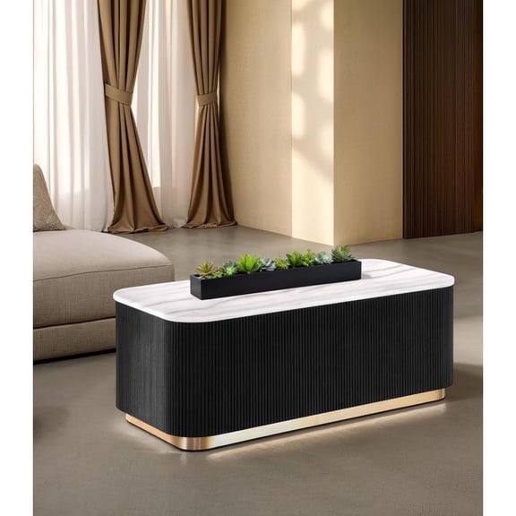 Black/White/Gold Contemporary Rectangle Cocktail Table (47.5" – Genuine Marble Top, Gold Accent Reeded Plinth Base for Living Room)