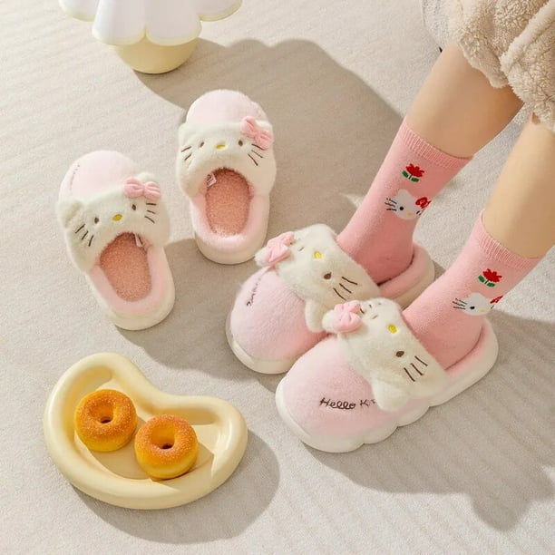 Hello Kitty Pink Cotton Slippers Sanrios Anime Kuromi Kawaii Flats Winter Fluffy Plush Home Slippers Cartoon Platform Shoes Y2K