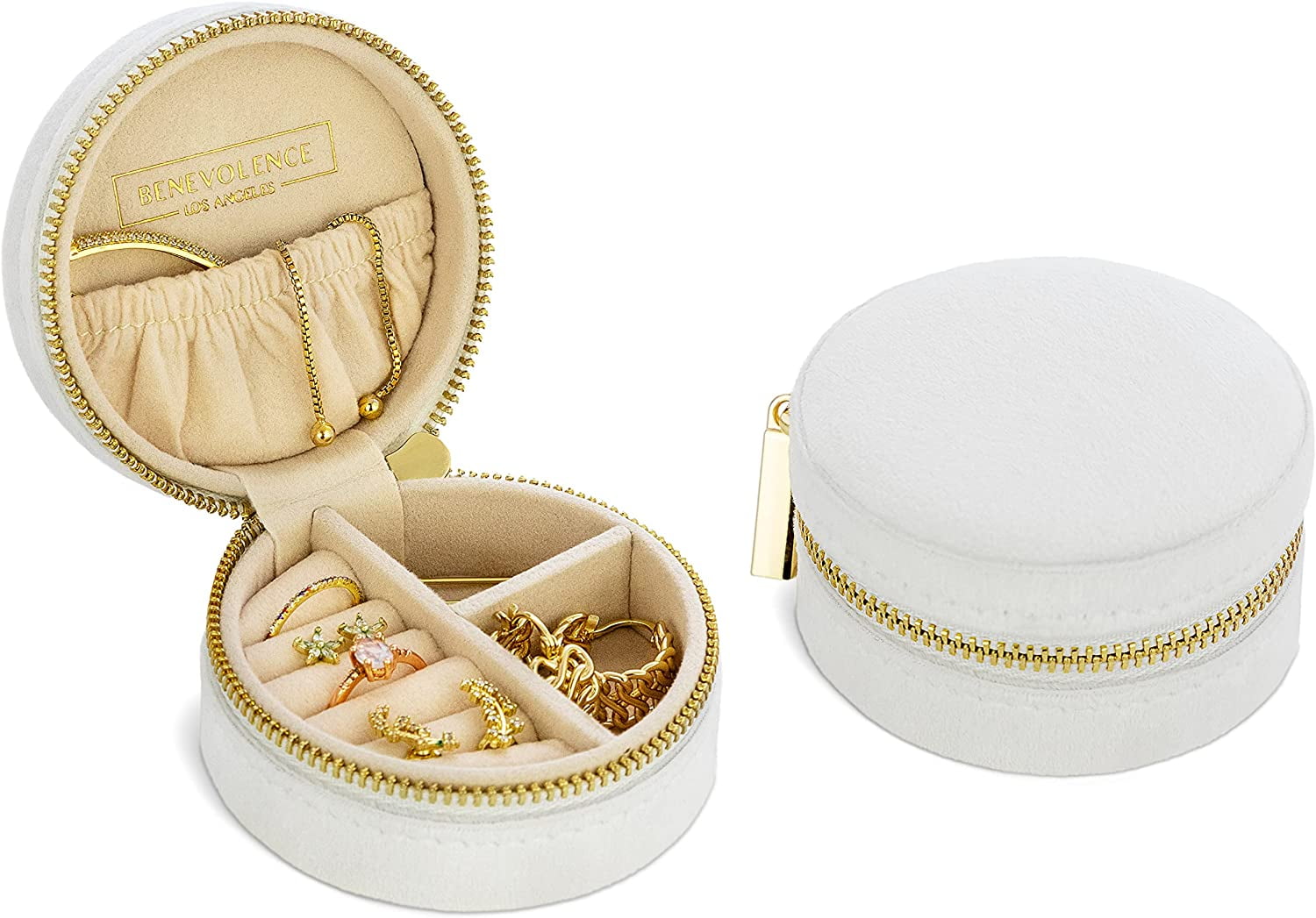 Benevolence LA Round Velvet Jewelry Box for Women Pearl White
