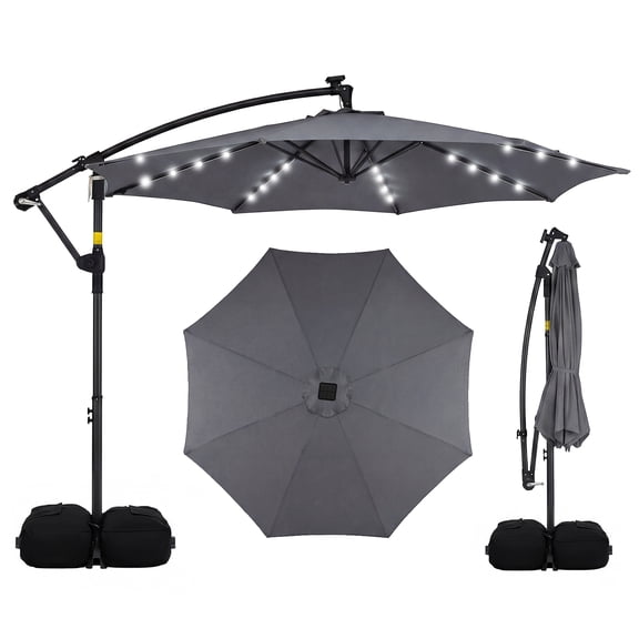 Costway 10 FT Solar Offset Hanging Umbrella Patio Cantilever Umbrella with 32 LED Lights Gray