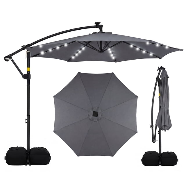 Costway 10 FT Solar Offset Hanging Umbrella Patio Cantilever Umbrella with 32 LED Lights Gray