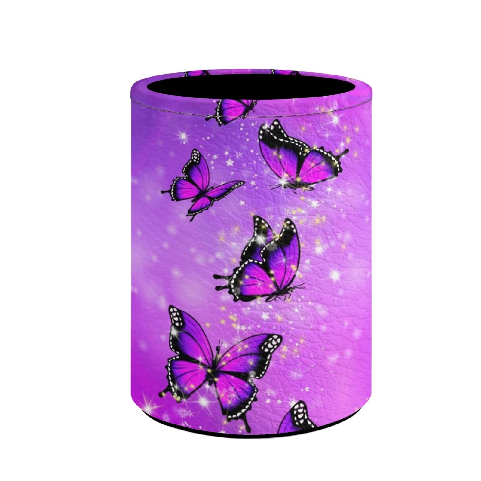 Binienty Crystal Butterfly Pen Cup for Desk,Purple Butterflies Printed Office Desk Accessories