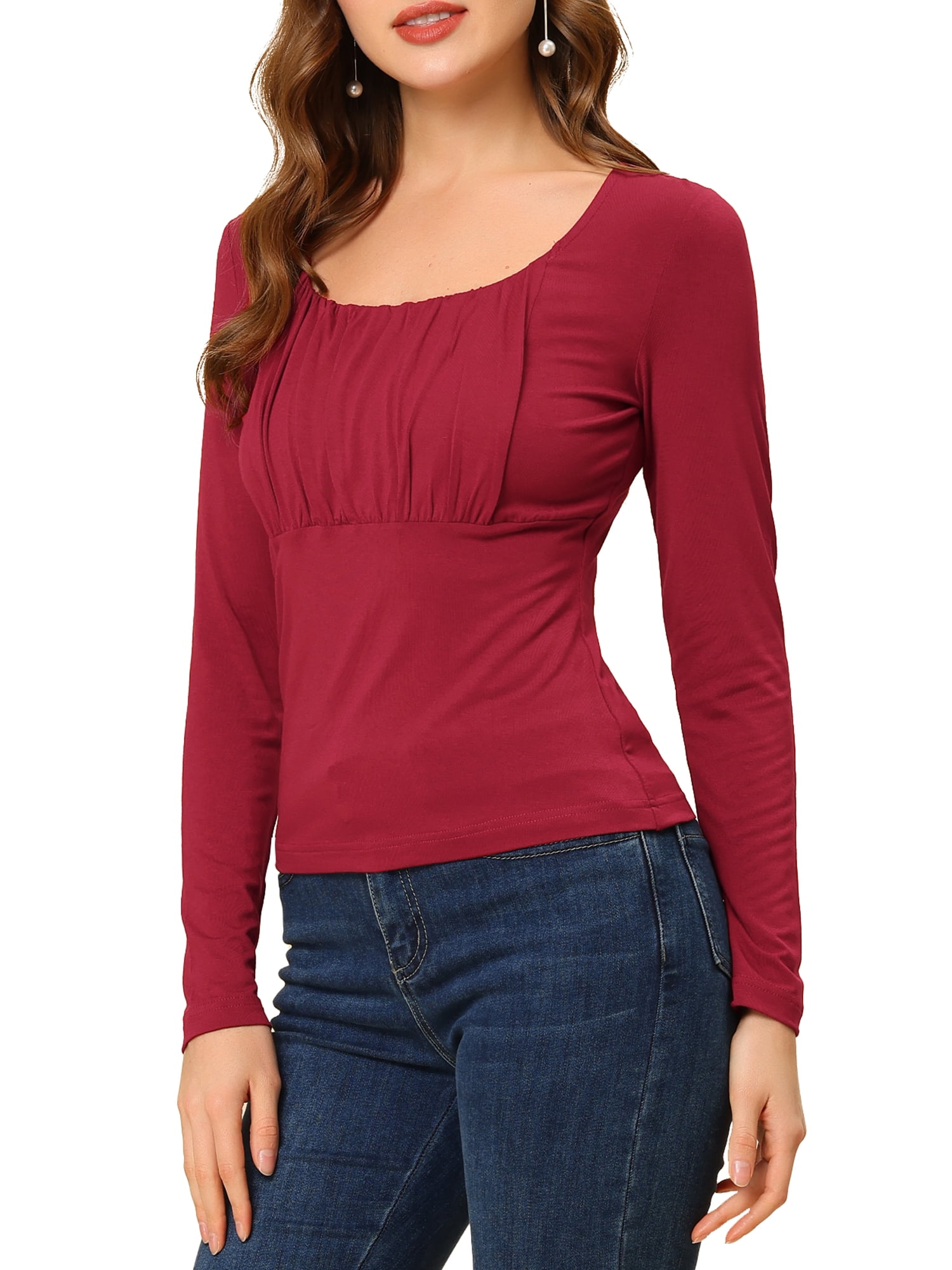 Unique Bargains Women's Solid Ruched Front Scoop Neck Long Sleeve Blouse Tops Burgundy X-Large