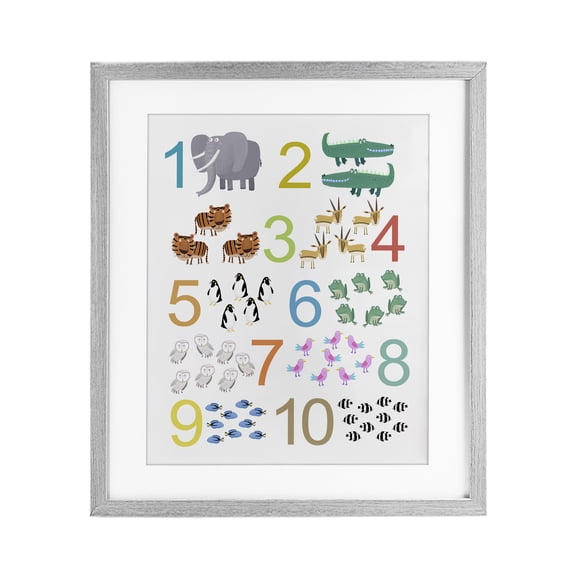 Kid's Counting Animals Gray Framed Print Under Glass, design by Carla Daly