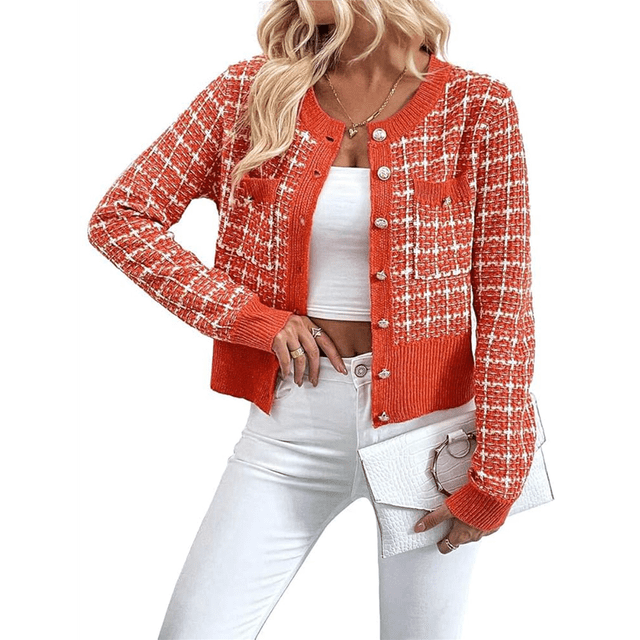 Womens - Blazer à Carreaux Habillé Décontracté Bouton devant Cardigan Col Rond Manches Longues Texture Tricot Vestes orange-Rouge m