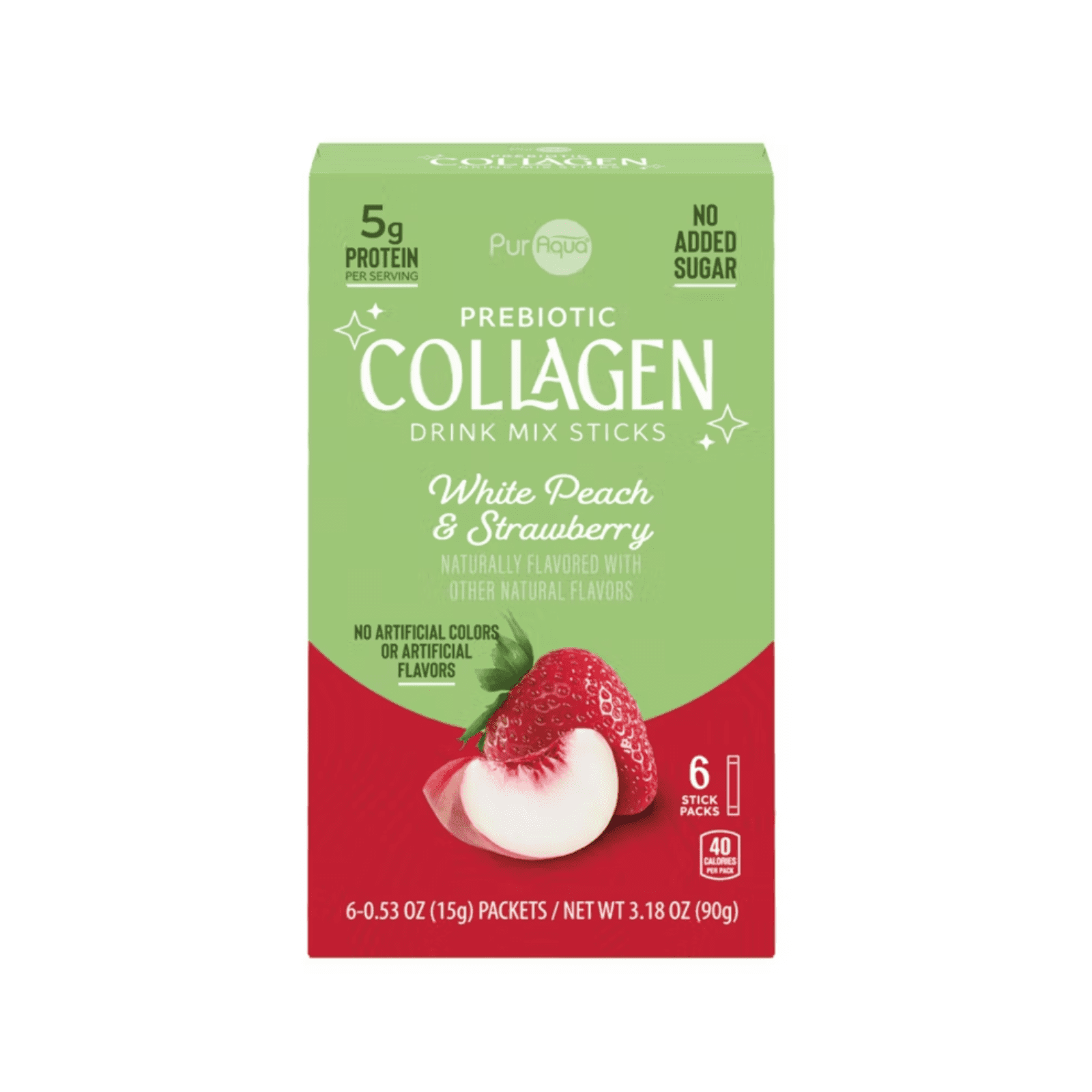 PurAqua Prebiotic Collagen White Peach Strawberry Flavored Drink Mix Sticks 3.18 oz , 2 Pack + Bonus