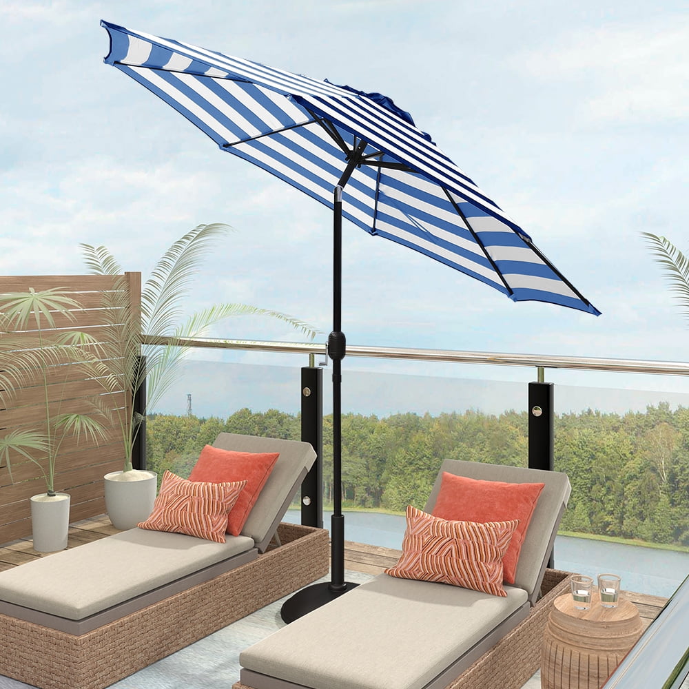 Kool Outdoor 9ft Patio Umbrella with Crank Handle and Push Button Tilt, Outdoor Market Umbrella with 8 Ribs - Blue Stripe