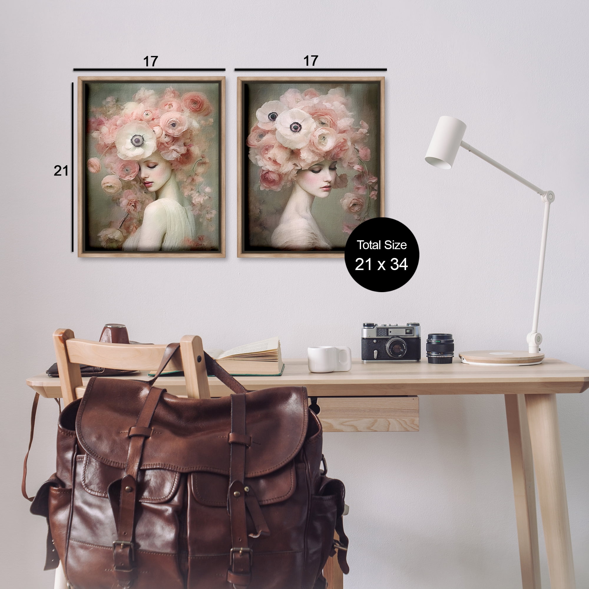 Stupell Industries Coral Blush Female Figure Plants & Flowers Painting Brown Floater Framed Canvas Art Print Wall Art, 17 x 21, Set of 2