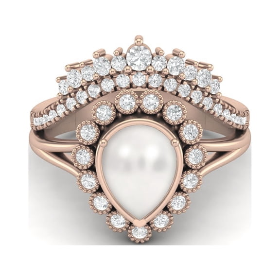 Tiara Ring 925 Sterling Silver Rose Vermeil 1.66 Cts Pear Shape Pearl Solitaire Wedding Crown Valentines Day Gifts Ring for Women