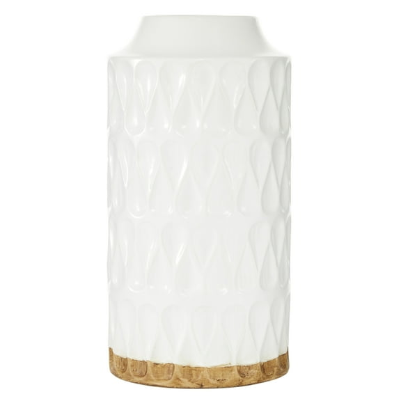DecMode 16" Geometric White Porcelain Vase with Brown Base