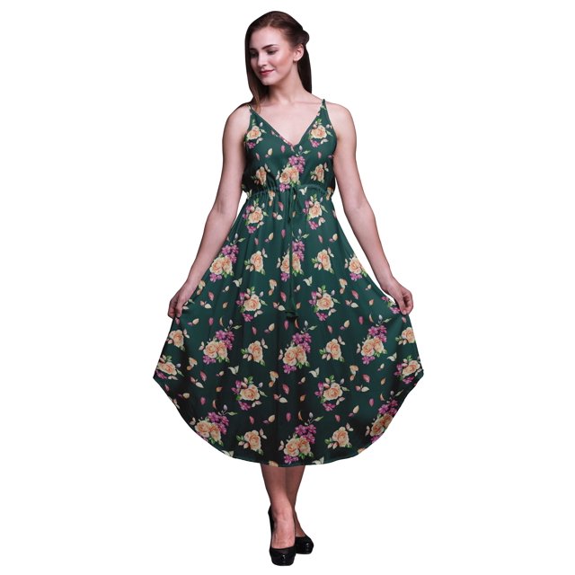 Bimba Robe Midi à Cordon Imprimée Florale pour Femmes, Bretelles Spaghetti, Tenue de Plage, Très Grande Taille