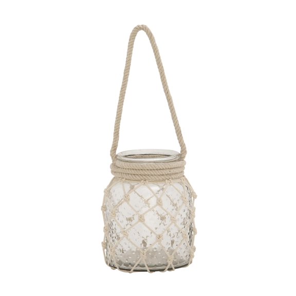 DecMode Clear Glass Decorative Candle Lantern with Rope Handle
