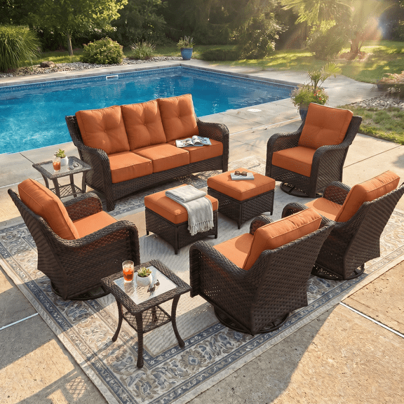 LayinSun 9 Pieces Patio Furniture Sets, Outdoor Wicker Conversation Set with Swivel Chairs and 6" Thick Cushion for Deck Garden Backyard