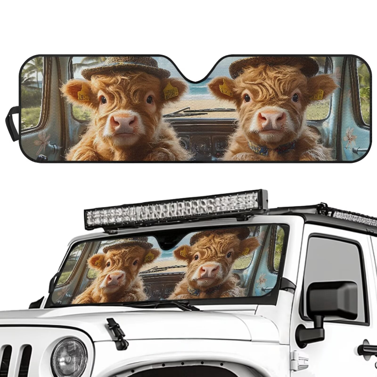 Uorisanigo Windshield Sun Shade, Car Sun Shade，52.95 in *16.14 in, Compatible with 2007-2024 Wrangler Rubicon Sahara TJ JK JKU 2 & 4 Door, Baby Highland Cow Print