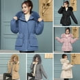 thumbnail image 2 of Women Winter Coat Thick Plush Furry Hooded Long Sleeves Pockets Drawstring Waist Zip-up Windproof Mid Length Overcoat Outdoor Outwear, 2 of 8